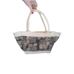 Handmade Jute Canvas Tote Bag Black‎ Beige Floral Market Beach